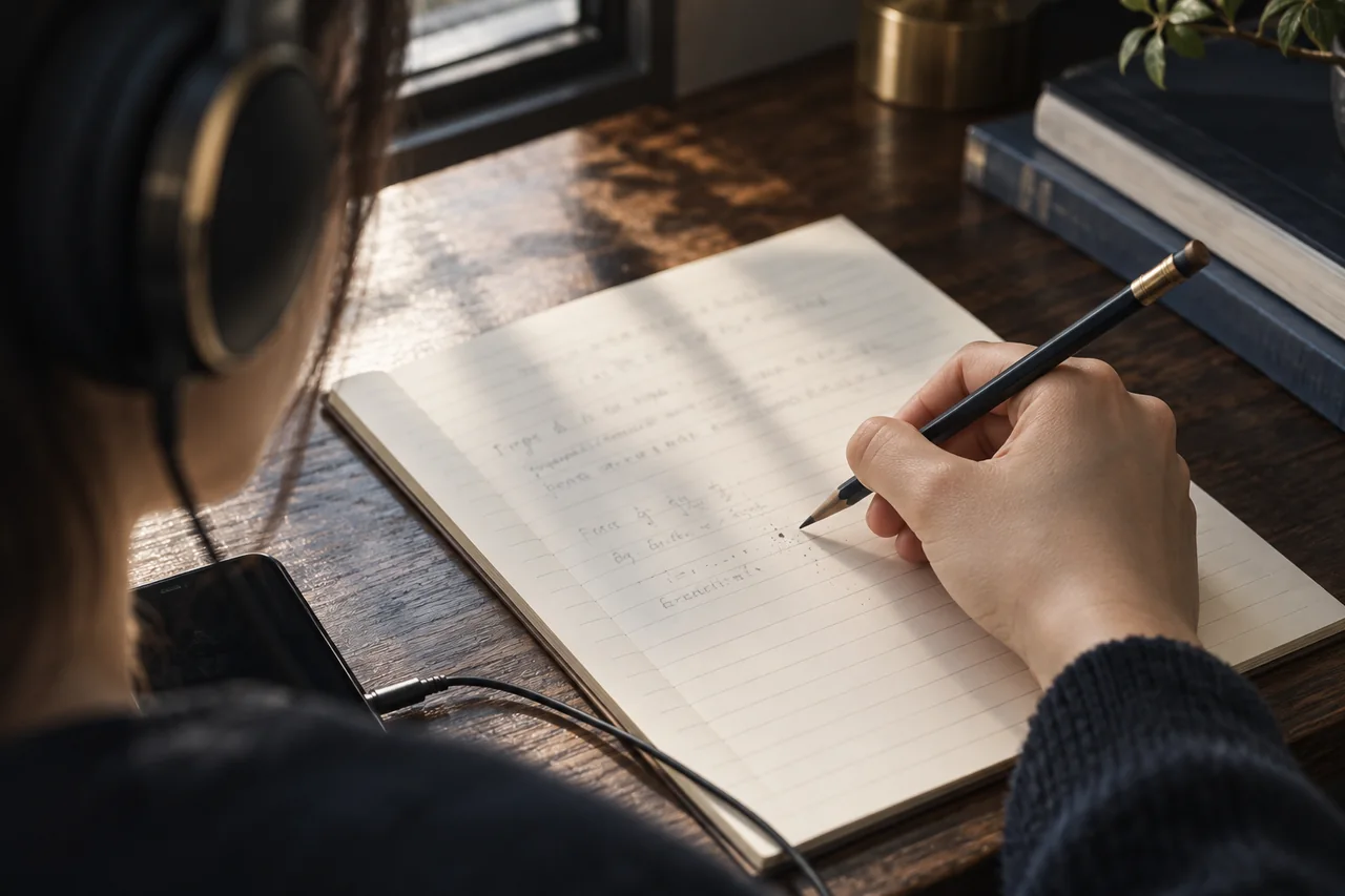 音声を聞きながらノートに書き取る練習のイメージ
