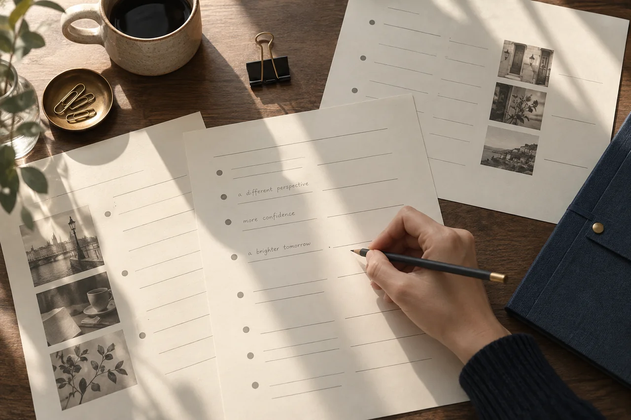 紙の教材に書き込みながら英語を練習する場面のイメージ