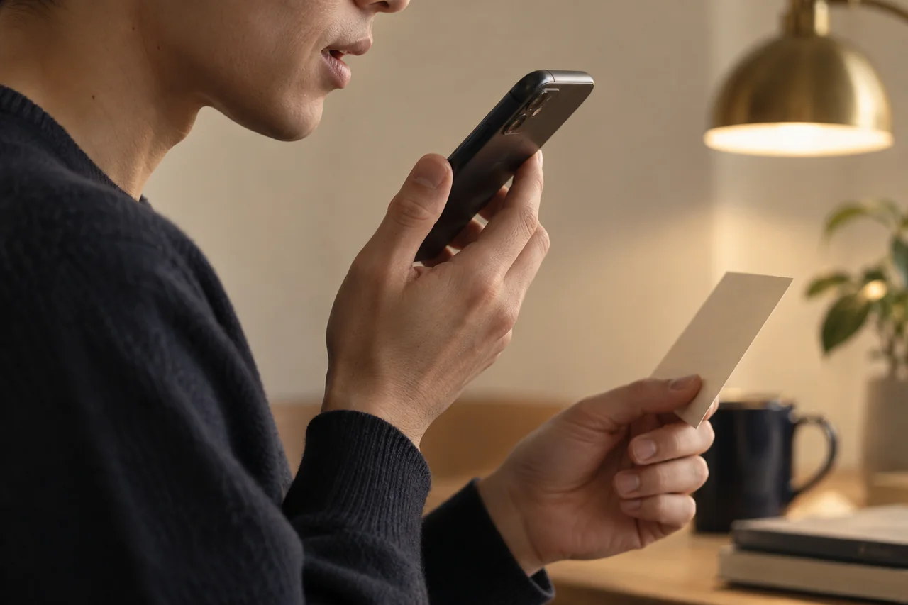 スマートフォンに向かって発音を練習する場面のイメージ